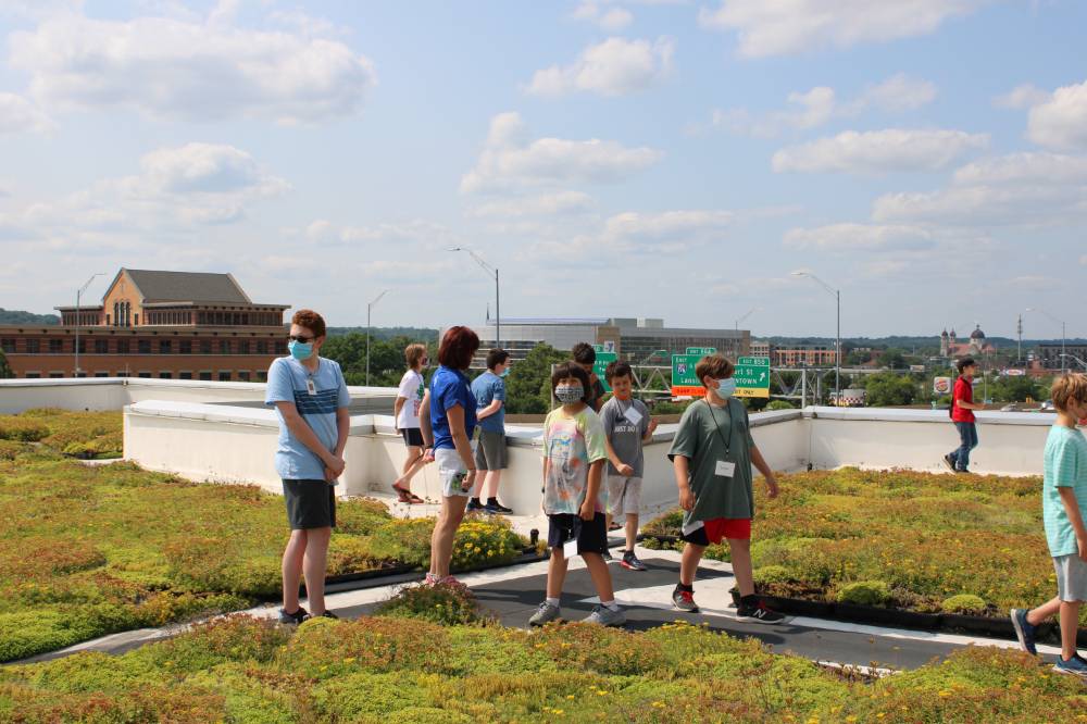 Students explore a rooftop garden